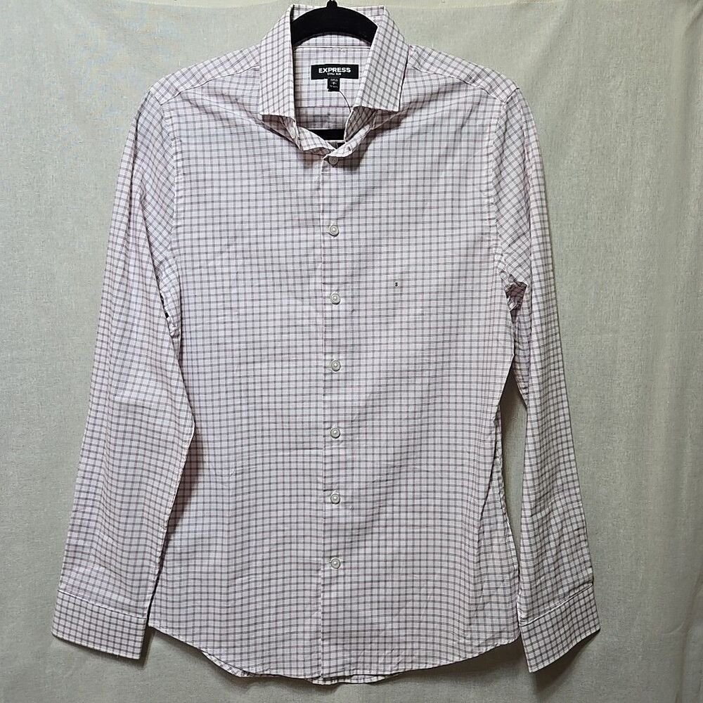 Express Extra Slim Grid Plaid Dress Shirt Red Pink White S 14-14.5 MSRP $69.90